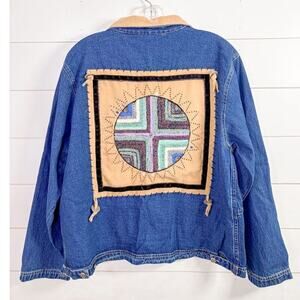 Ultimate Philadelphia Women's Denim Beaded Western Aztec Jean Jacket Blue Medium